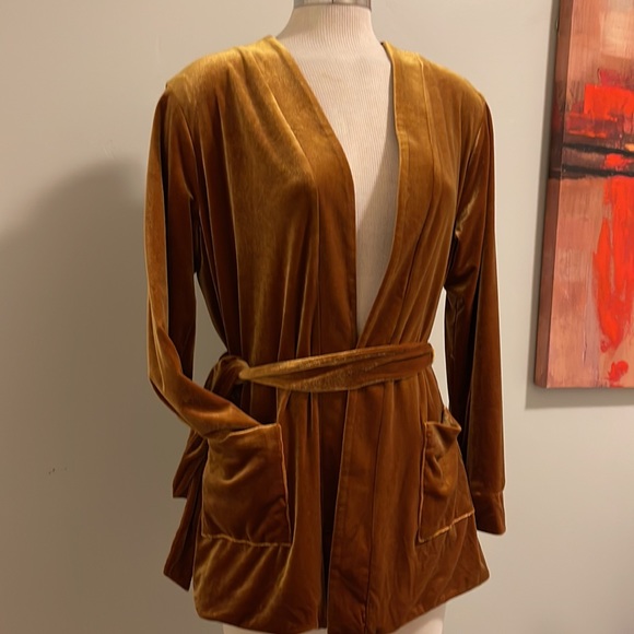 Nordstrom Ochre Velvet Cardigan with Belt & Pockets size L - Picture 9 of 11